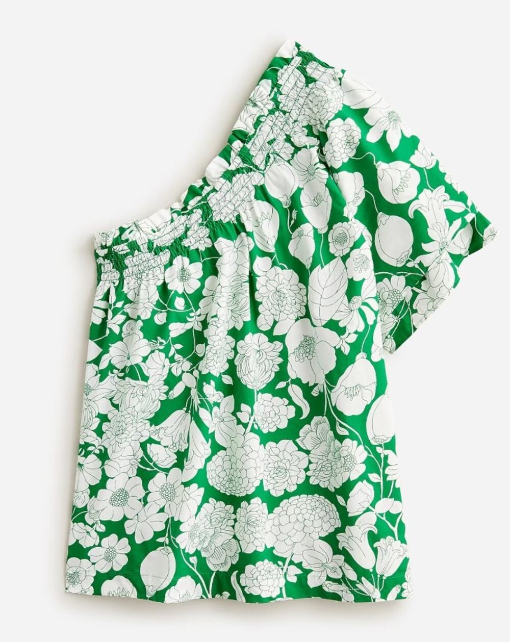 J. Crew Smocked One Shoulder Top Blouse Shirt Kelly Green White Floral M